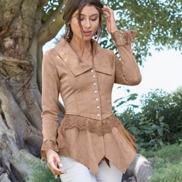 Venus Coco Faux Suede & Lace Asymmetrical Hem Shirt / Jacket Size Small - Picture 3 of 12